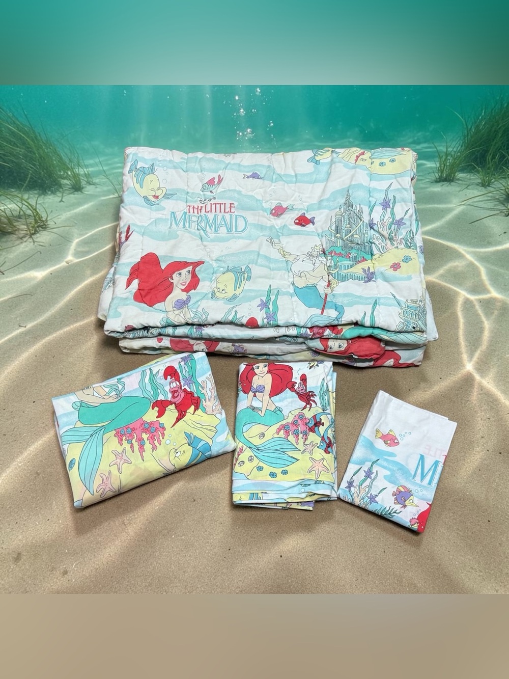 Vintage 90s Disney The Little Mermaid Twin Bedding Set COMPLETE Ariel